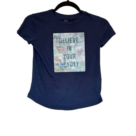 Girls Wonder Nation Believe in your Beauty Hologram Navy Blue Short Sleeved Grap - Picture 1 of 5